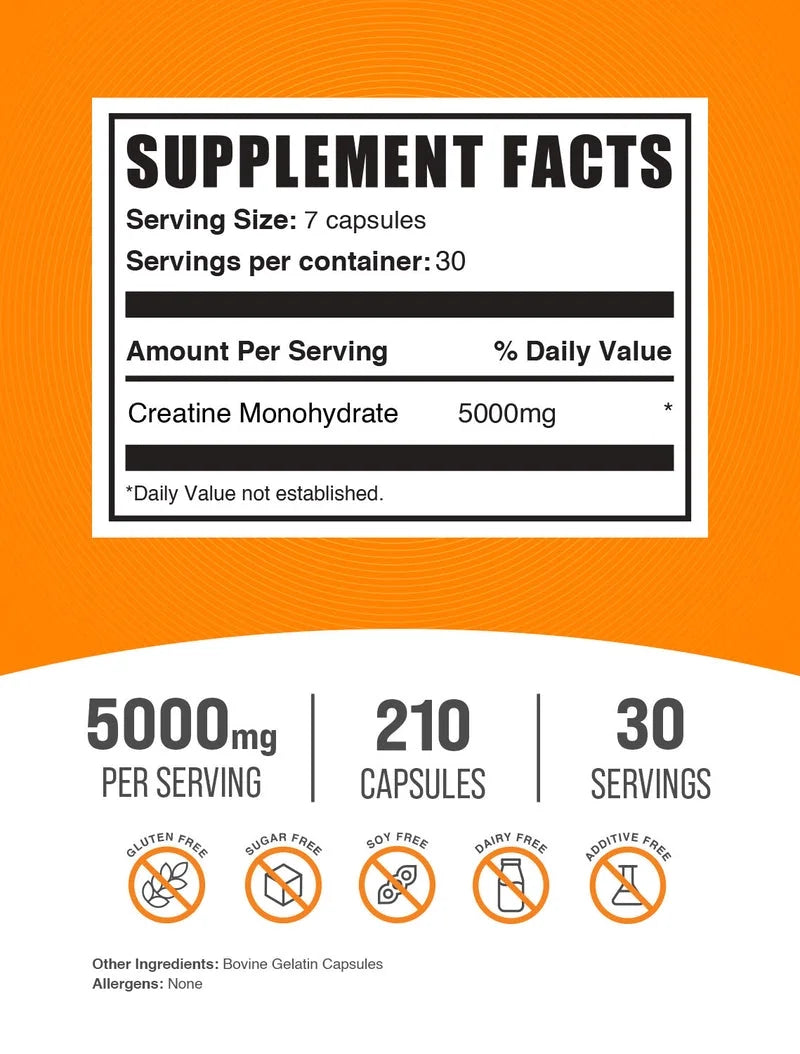 Bulksupplements Creatine Monohydrate Capsules - Creatine Supplement - Gluten Free, 7 Capsules per Serving (5000Mg), 210 Count