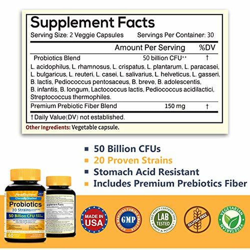 Newrhythm Probiotics 50 Billion CFU 20 Strains, 60 Veggie Capsules, Targeted
