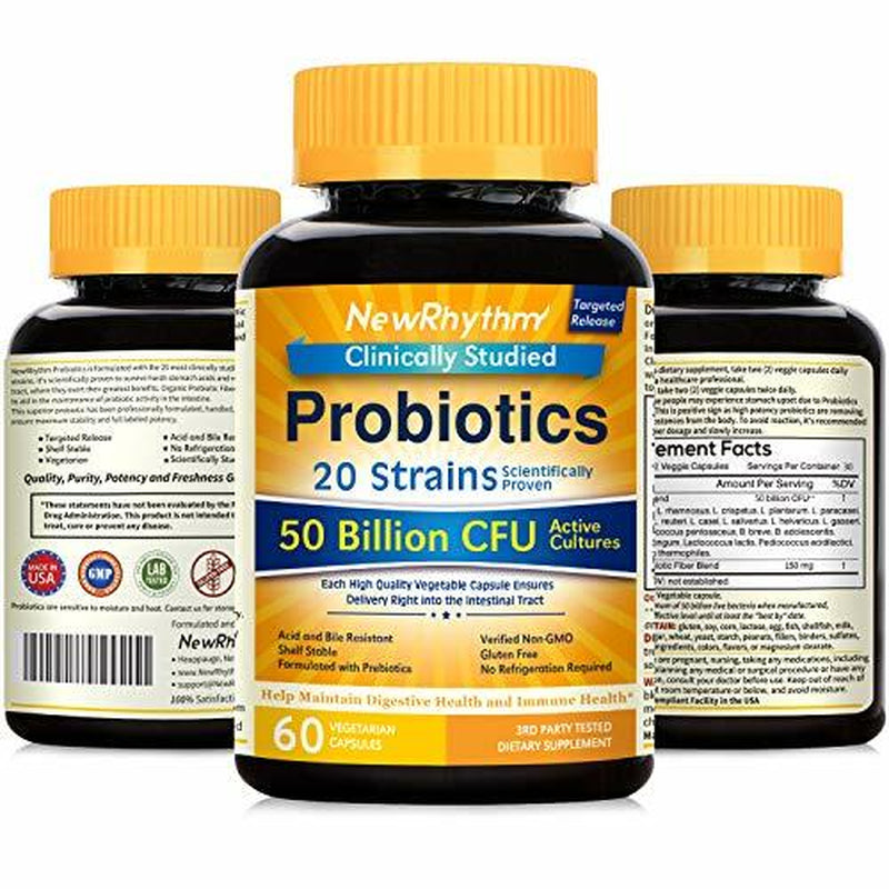 Newrhythm Probiotics 50 Billion CFU 20 Strains, 60 Veggie Capsules, Targeted