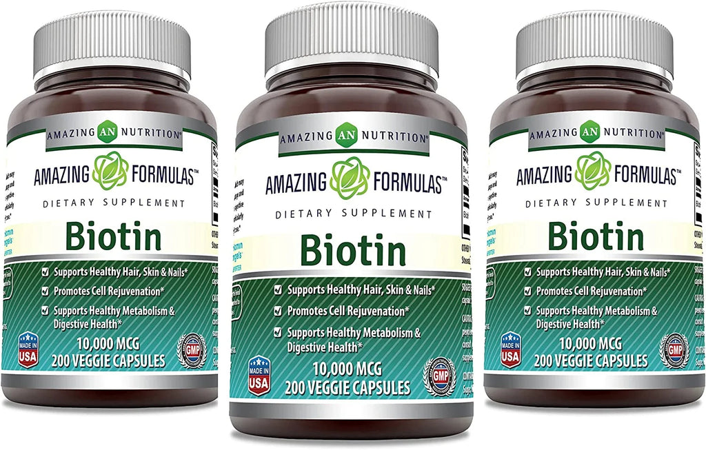 Amazing Formulas Biotin Supplement - 10,000Mcg - 200 Veggie Capsules (Non-Gmo, Gluten Free) - Pack of 3 -Supports Healthy Hair, Skin & Nails