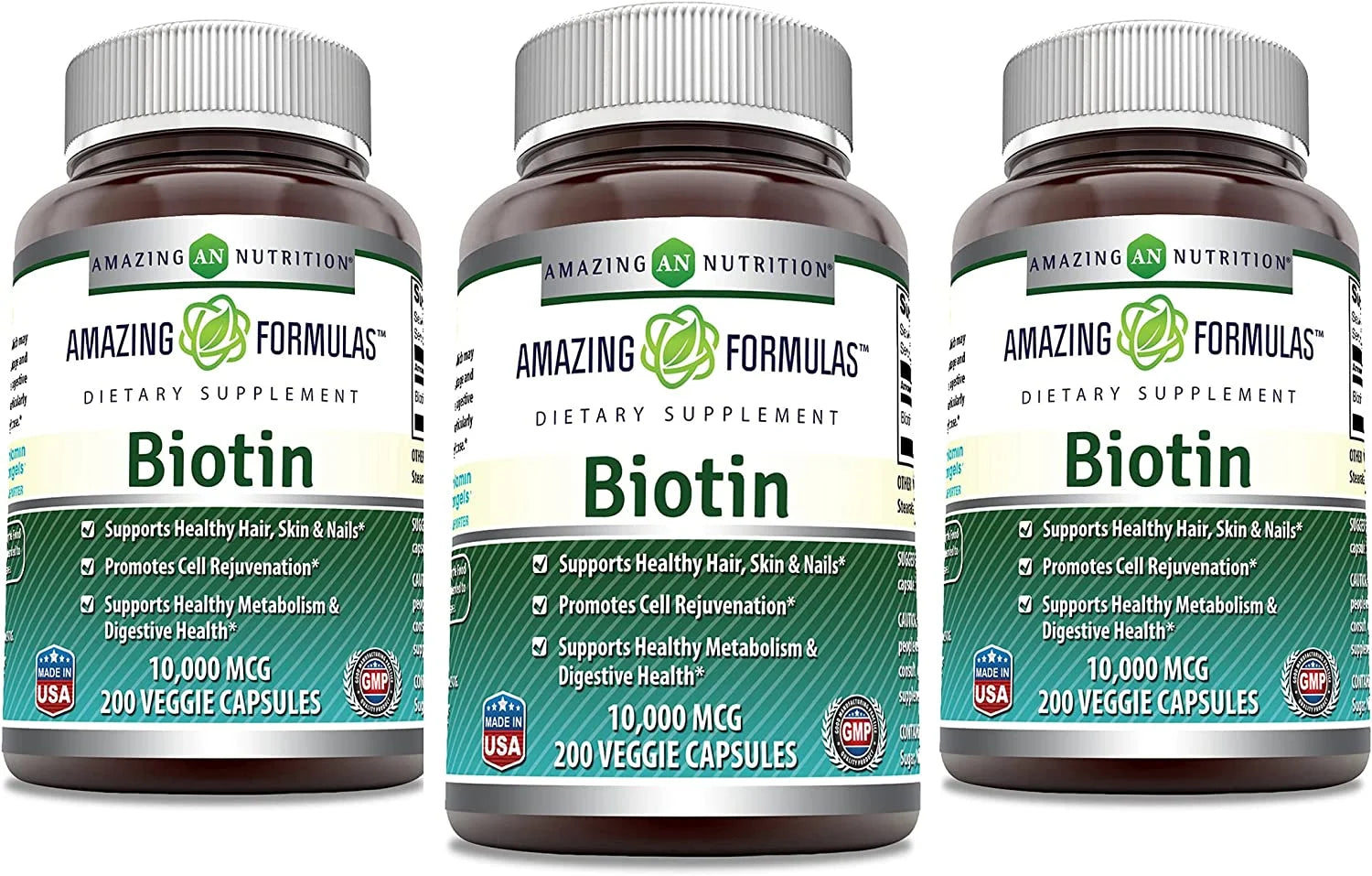 Amazing Formulas Biotin Supplement - 10,000Mcg - 200 Veggie Capsules (Non-Gmo, Gluten Free) - Pack of 3 -Supports Healthy Hair, Skin & Nails